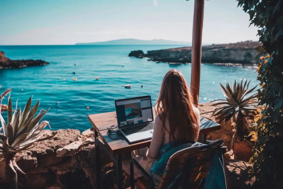 Scene with diverse young people being digital nomads working remotely from dreamy locations