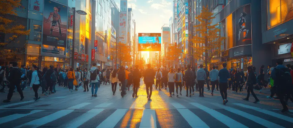 Sunset cityscape with people crossing pedestrian crossing